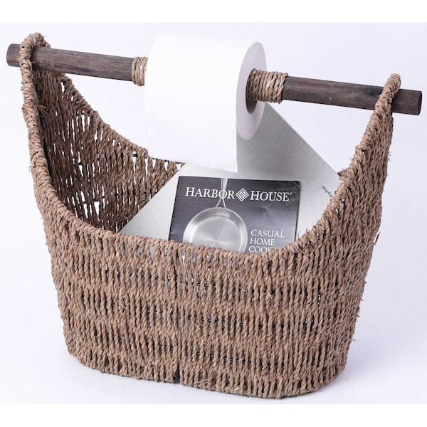 Vintiquewise Seagrass Decorative Bathroom Basket Magazine Rack Organizer w/ Wooden Rod Toilet Paper Holder QI003417 - main
